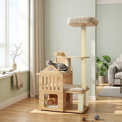 Cat Tree DirectDeals Multi-Level Solid Wood 48.5in with condo & scratchers, natural wood, two cats on Tampa Home & Garden Store