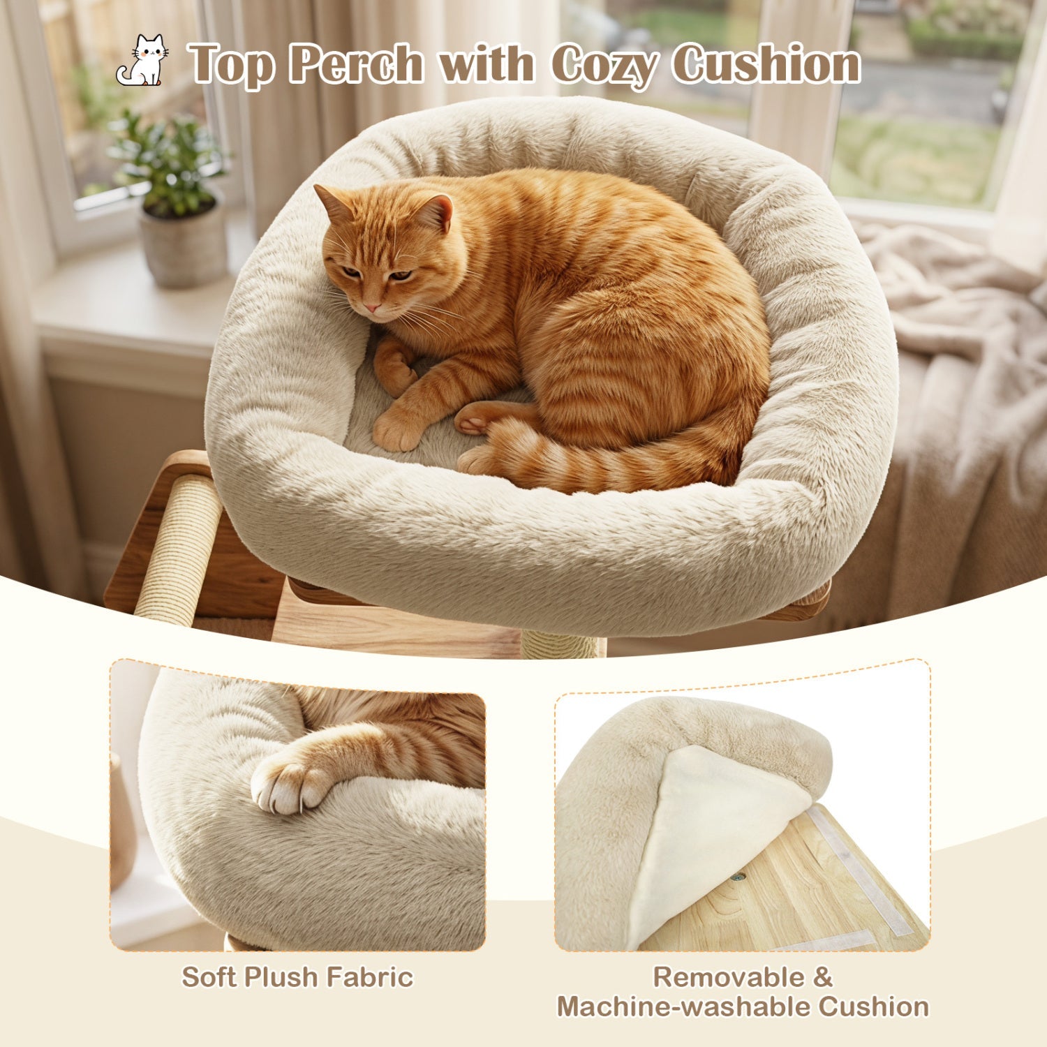 Cat Tree DirectDeals 48.5in Multi-Level Solid Wood with condo & scratchers beige plush fabric on Tampa Home & Garden Store