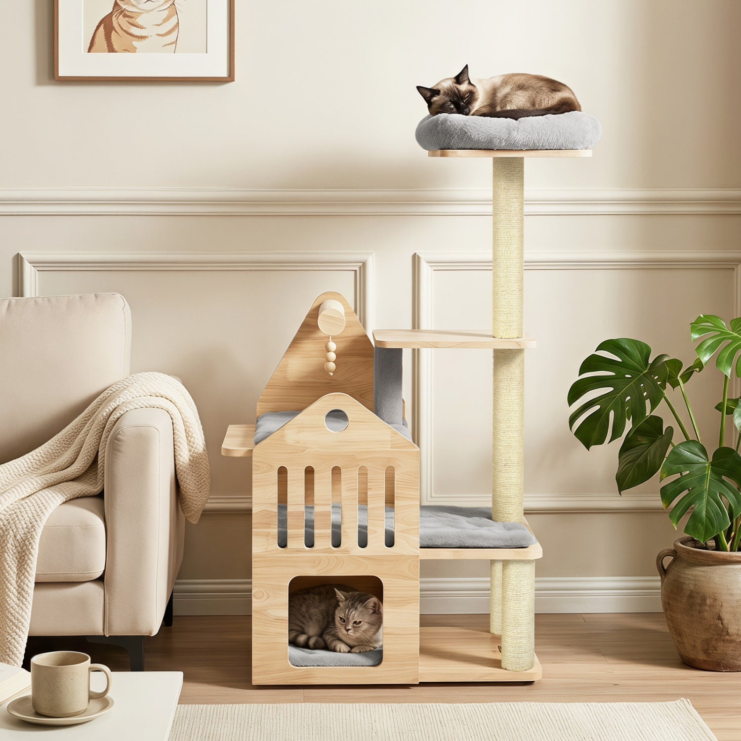 Multi-Level Solid Wood Cat Tree 48.5in with condo and scratchers, natural wood by DirectDeals on Tampa Home & Garden Store