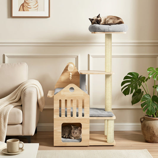 Multi-Level Solid Wood Cat Tree 48.5in with condo and scratchers, natural wood by DirectDeals on Tampa Home & Garden Store