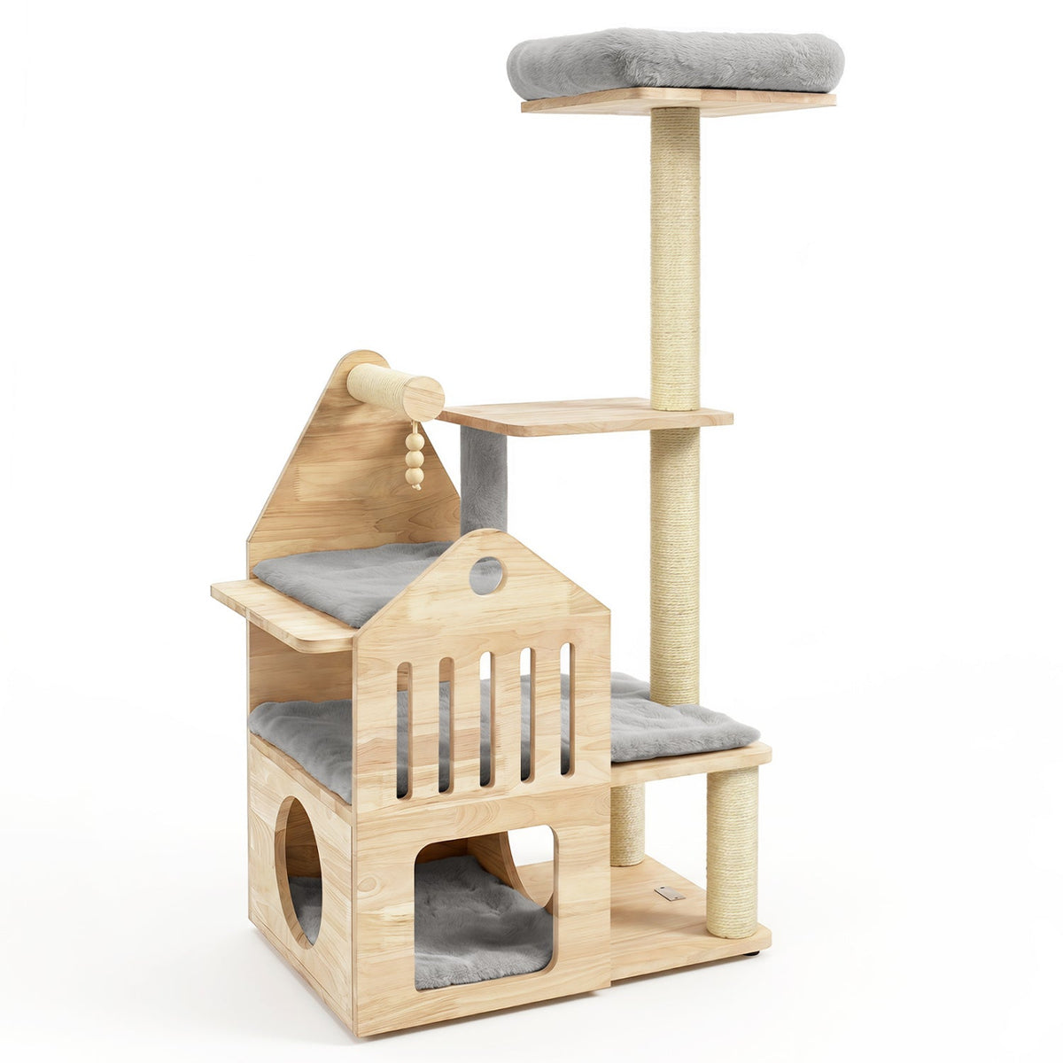 Multi-Level Cat Tree 48.5in solid wood with condo & scratchers, natural wood, sisal posts on Tampa Home & Garden Store