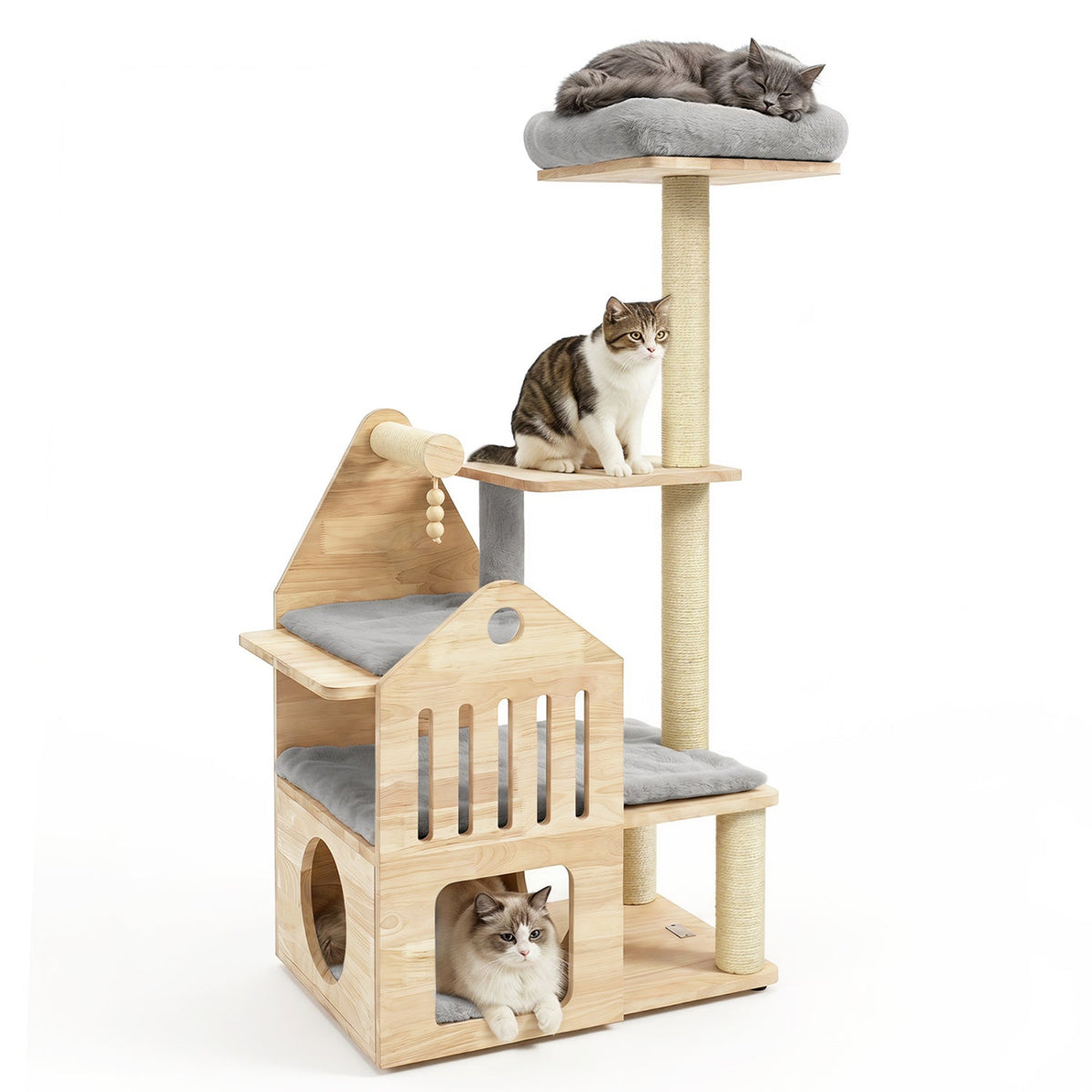 Cat Tree DirectDeals, 48.5-inch solid wood with condo & scratchers, two cats on tower on Tampa Home & Garden Store