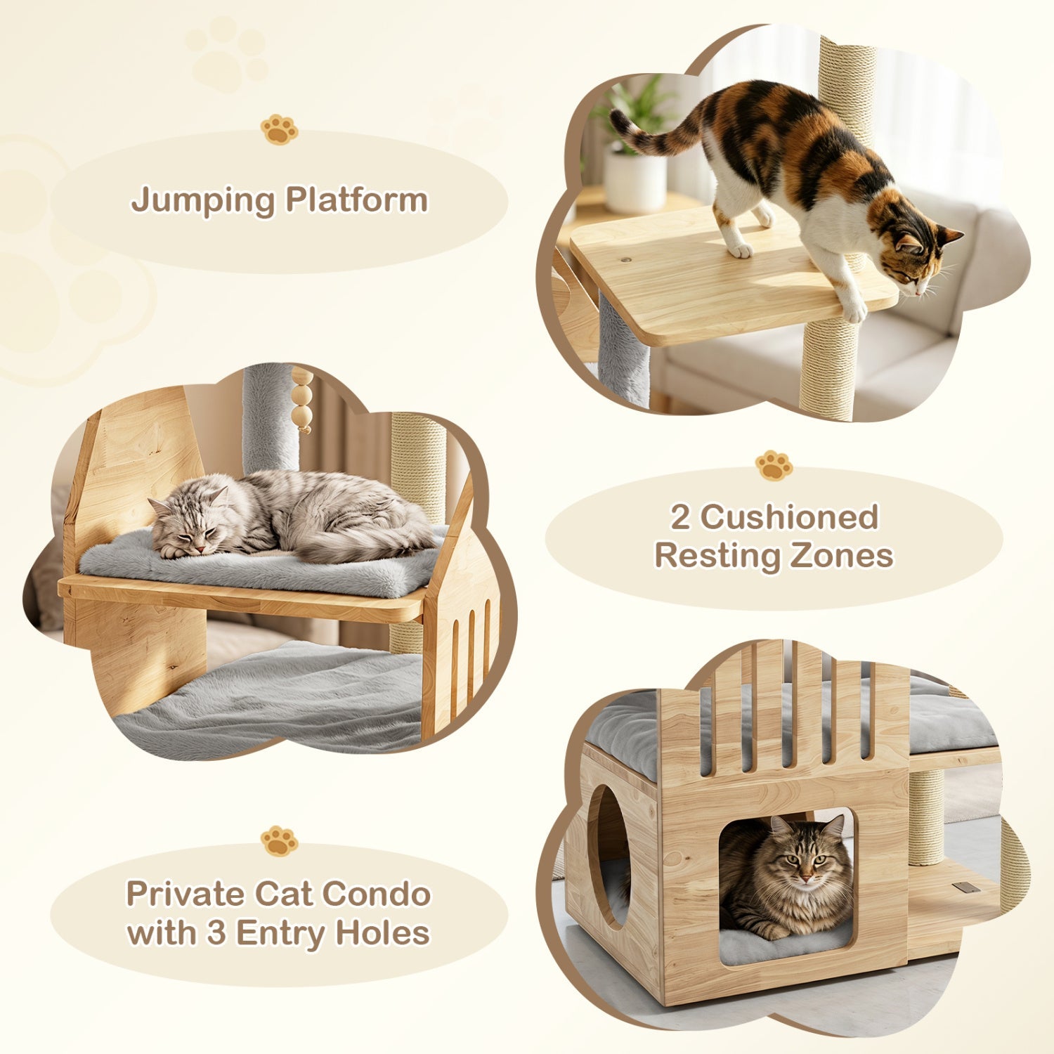 Multi-Level Solid Wood Cat Tree 48.5 in by DirectDeals with condo and scratchers, 2 cushioned resting zones and private condo with 3 entry holes on Tampa Home & Garden Store