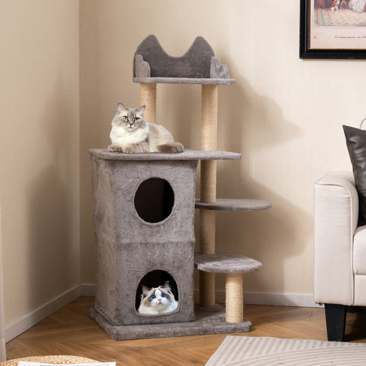 48.5 inch Cat Tree with 2-story Condo and 3 Hideaway Caves for Large Cats-Gray - Tampa Home & Garden Store