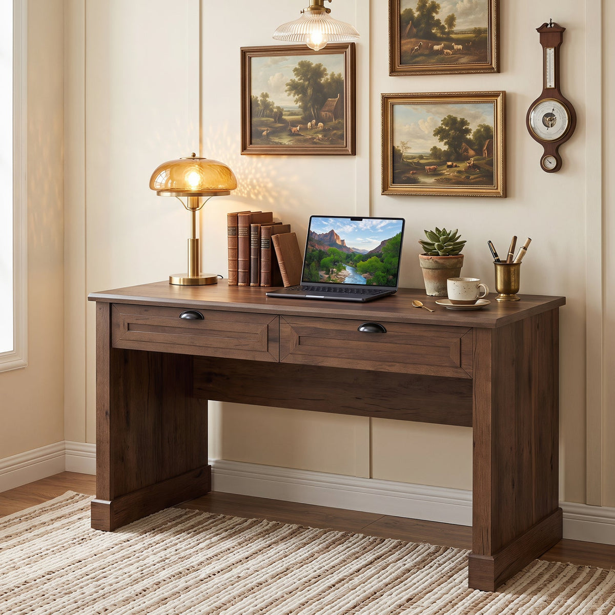 48in Farmhouse Executive Desk with 2 Drawers in dark wood finish; laptop, desk lamp, plant on Tampa Home & Garden Store