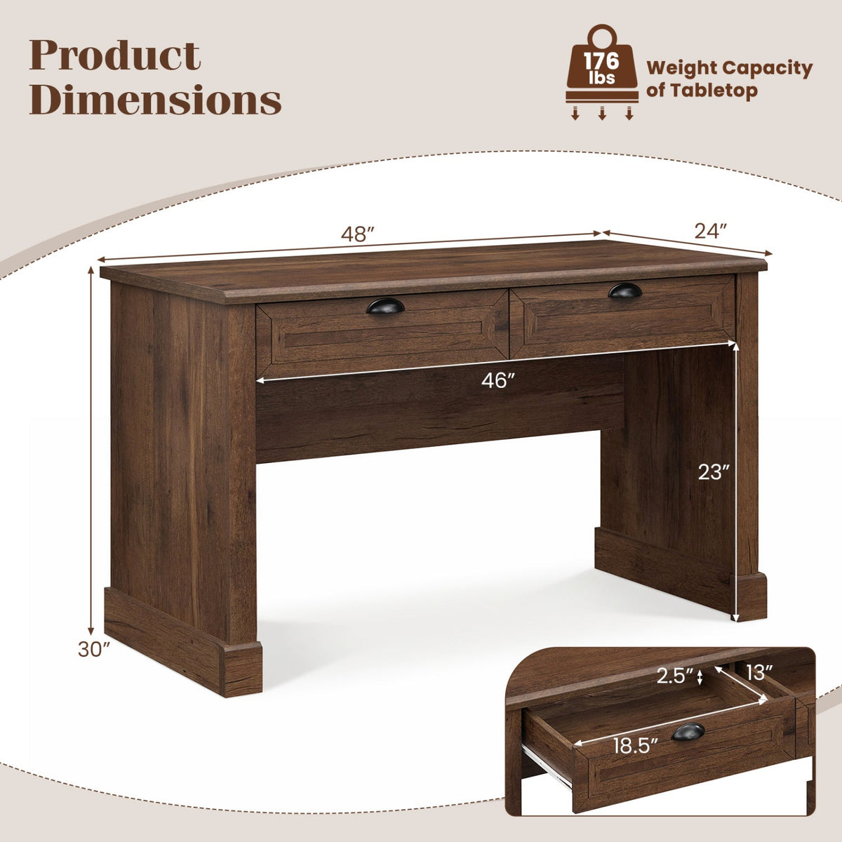DirectDeals 48in Farmhouse Executive Desk with 2 drawers, dark wood finish, office desk on Tampa Home & Garden Store