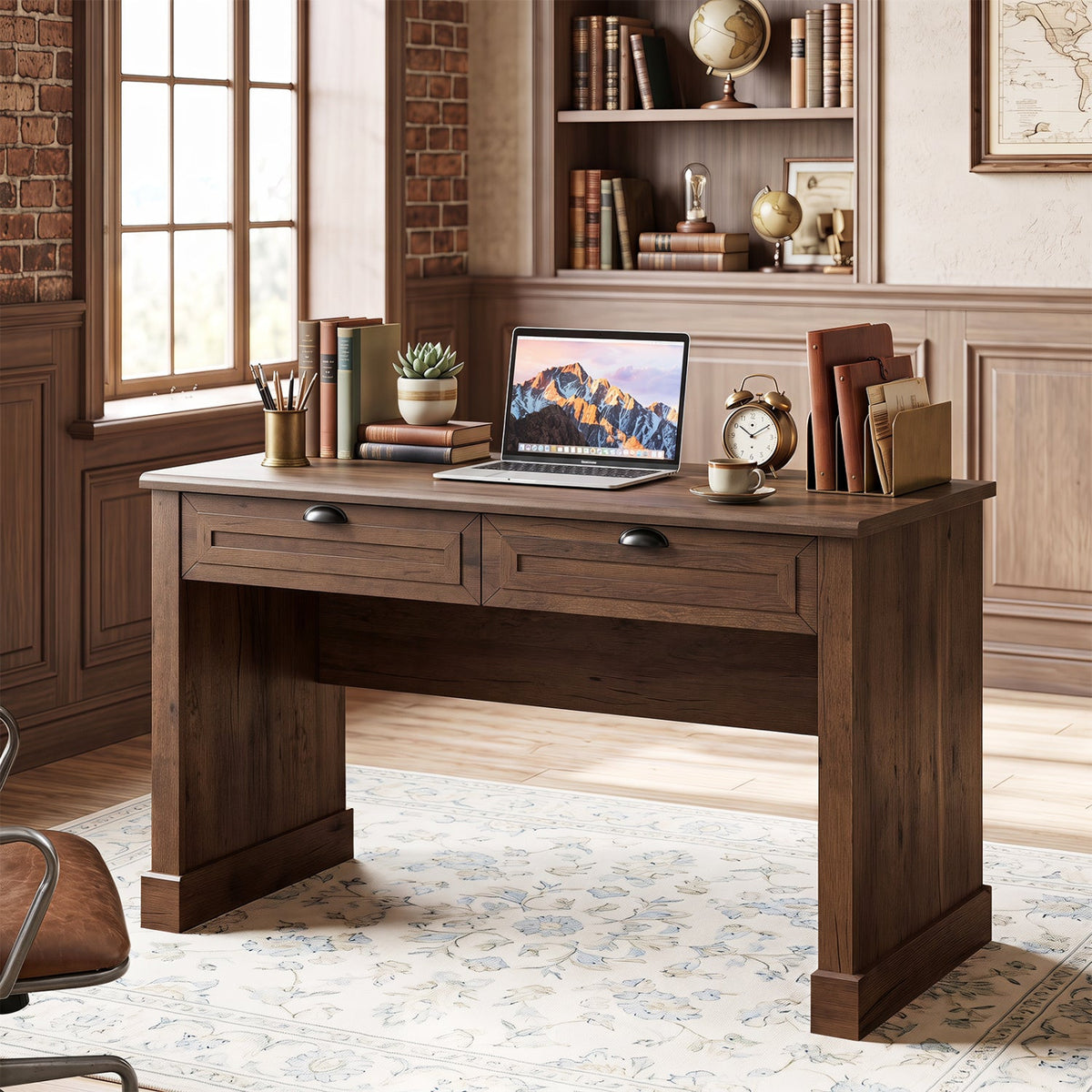 48-inch farmhouse executive office desk with two drawers in dark wood on Tampa Home & Garden Store