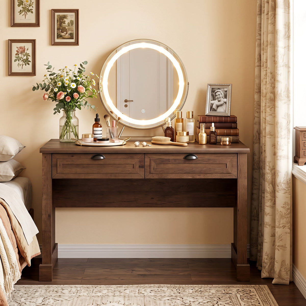 48in farmhouse executive desk with 2 drawers in dark wood, round LED vanity mirror, makeup items on Tampa Home & Garden Store