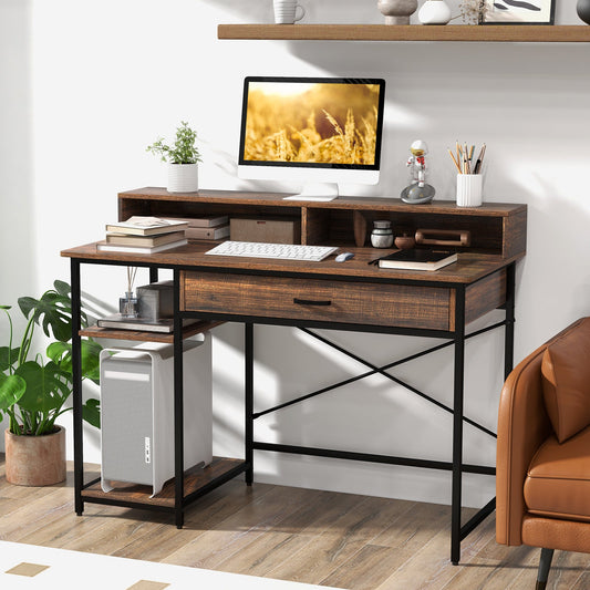 48 Inch Computer Desk with Monitor Stand Drawer and Shelves-Rustic Brown - Tampa Home & Garden Store