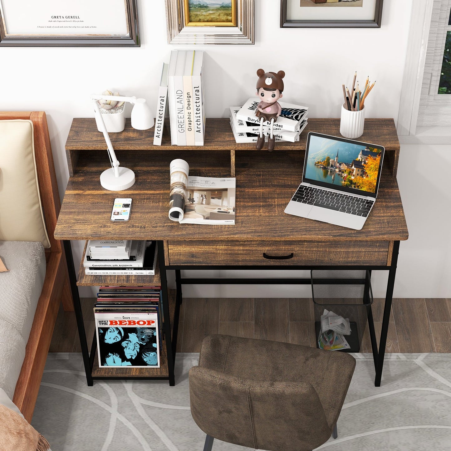Escritorio para computadora de 48 pulgadas con soporte para monitor, cajón y estantes - Marrón rústico
