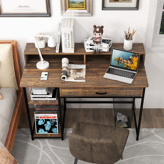 48 Inch Computer Desk with Monitor Stand Drawer and Shelves-Rustic Brown - Tampa Home & Garden Store