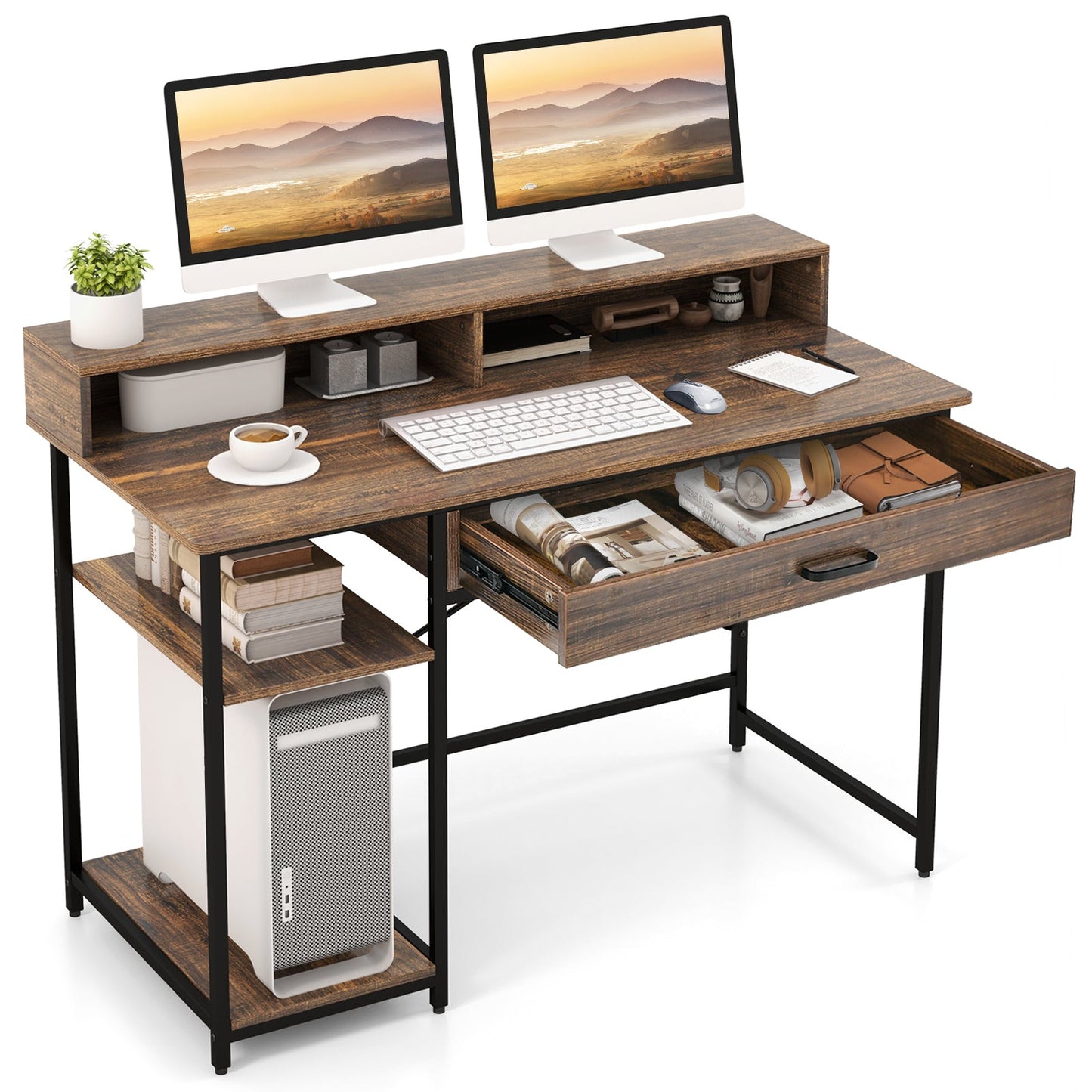 Escritorio para computadora de 48 pulgadas con soporte para monitor, cajón y estantes - Marrón rústico
