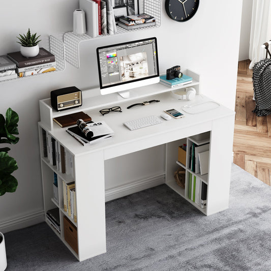 Escritorio para computadora con estantería doble de 3 niveles y estante para monitor - Blanco
