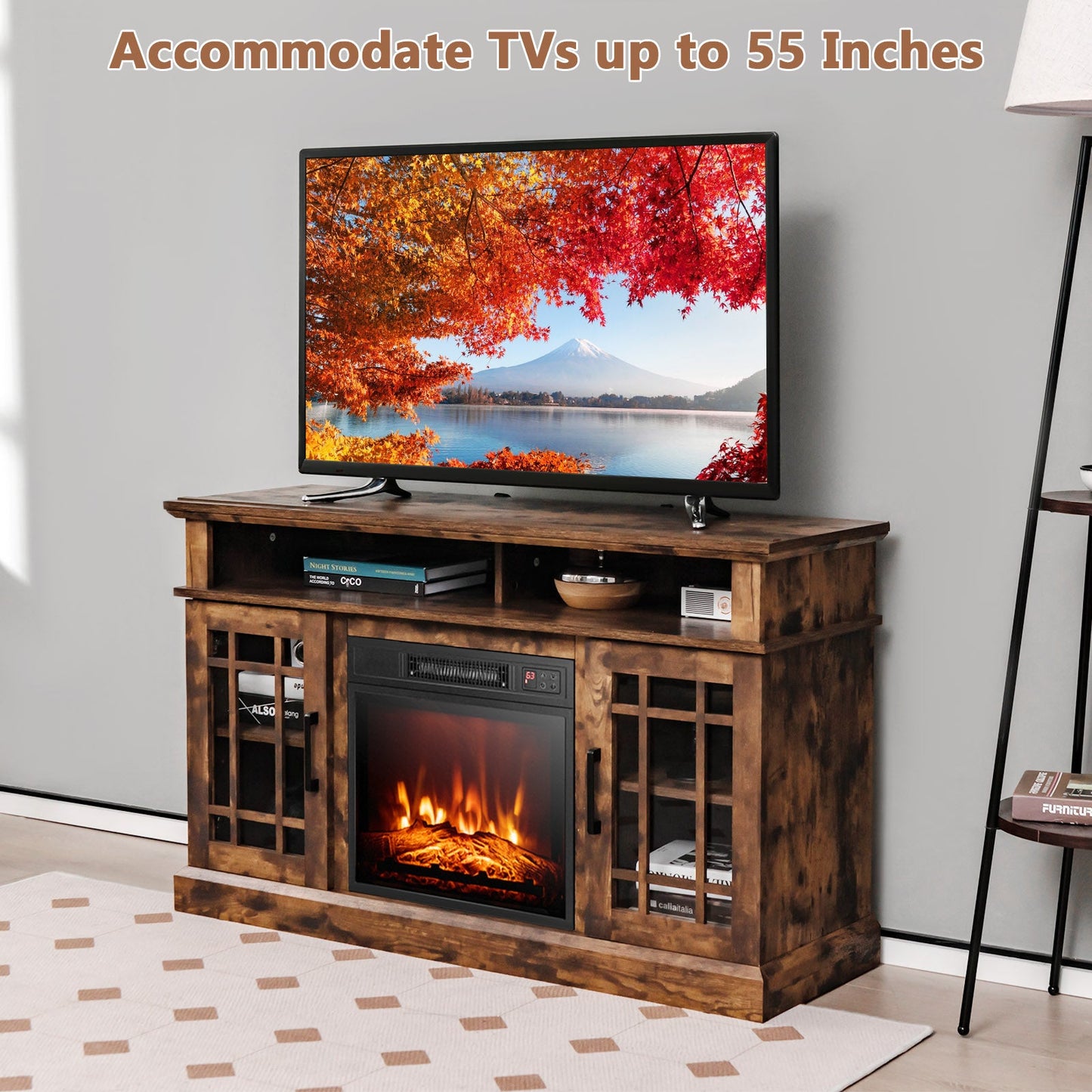 Mueble de TV con chimenea eléctrica de 48 pulgadas con gabinetes para televisores de hasta 55 pulgadas - Marrón