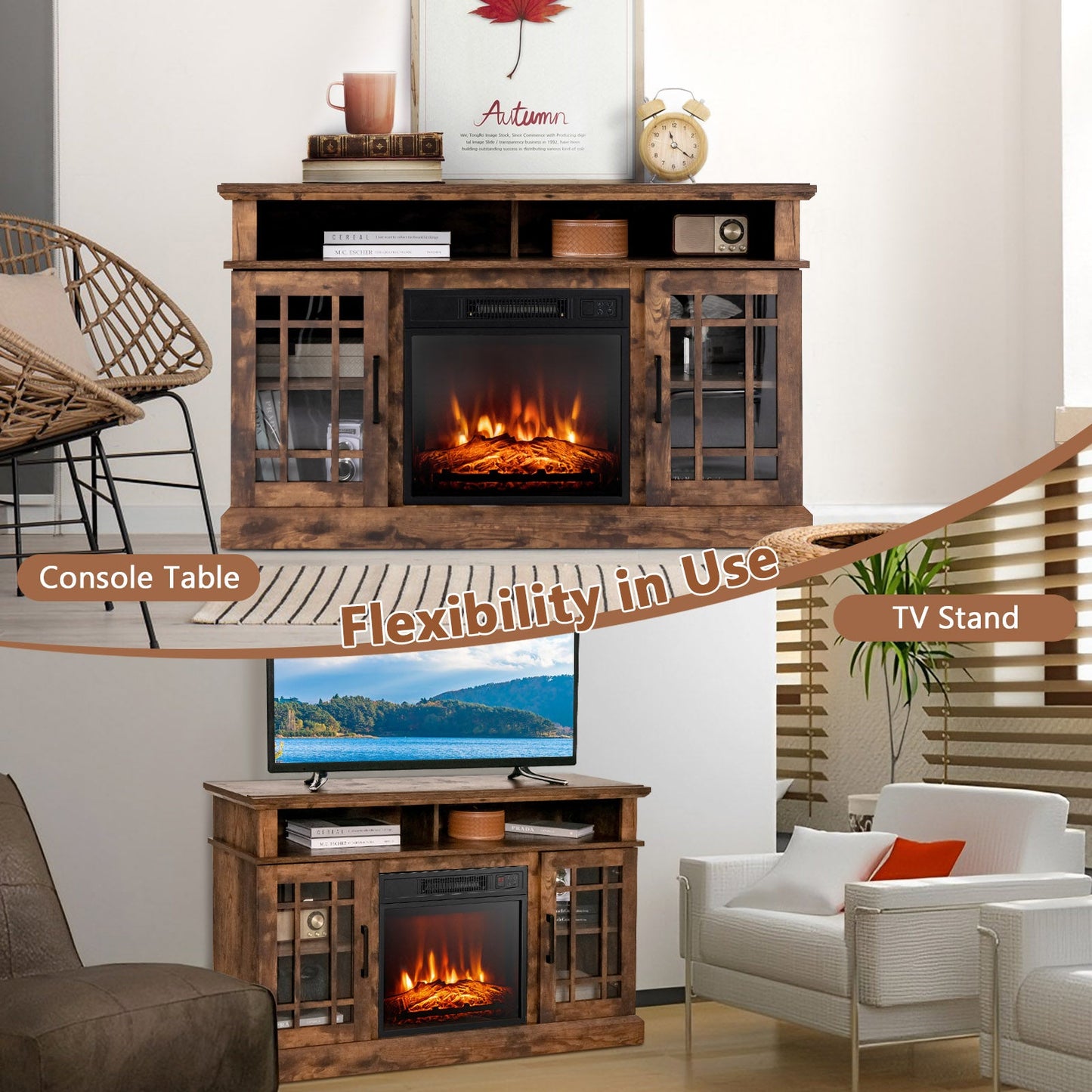 Mueble de TV con chimenea eléctrica de 48 pulgadas con gabinetes para televisores de hasta 55 pulgadas - Marrón