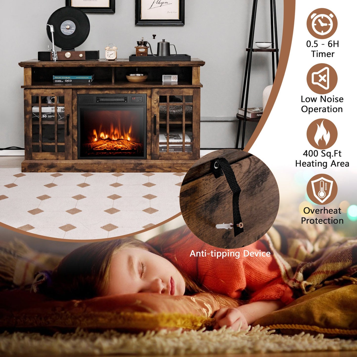 Mueble de TV con chimenea eléctrica de 48 pulgadas con gabinetes para televisores de hasta 55 pulgadas - Marrón