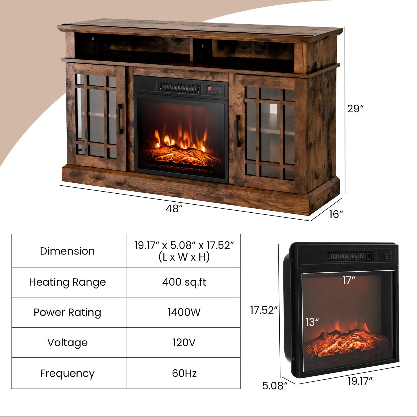 Mueble de TV con chimenea eléctrica de 48 pulgadas con gabinetes para televisores de hasta 55 pulgadas - Marrón