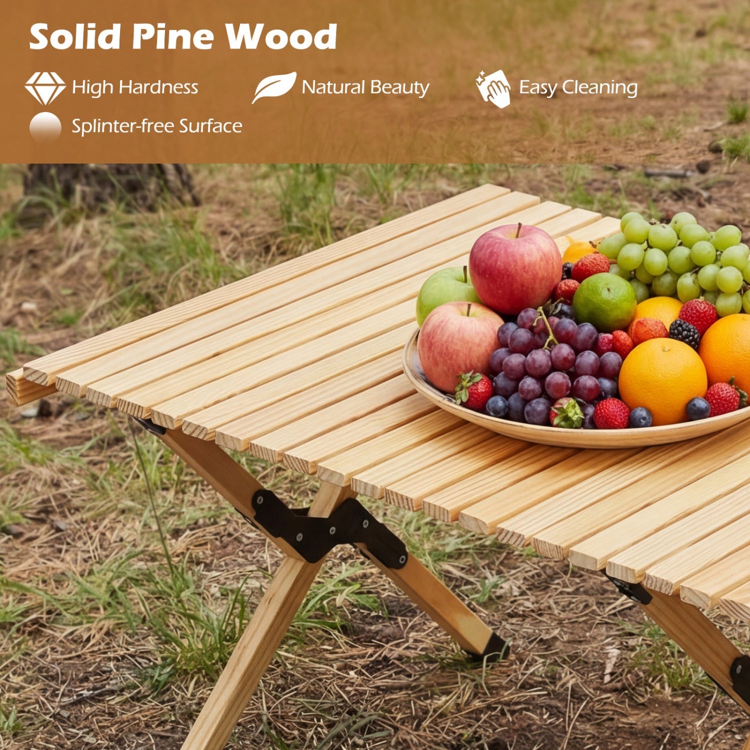 DirectDeals 48 Inch Folding Camping Table in pine wood with slatted top and fruit bowl on table on Tampa Home & Garden Store