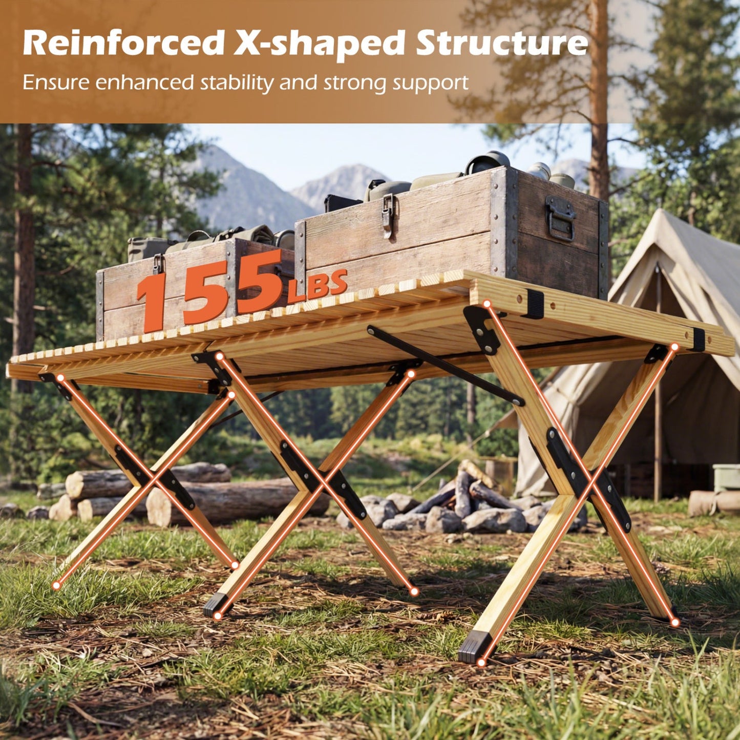 48in folding camping table with wooden slatted top and orange X-frame legs DirectDeals on Tampa Home & Garden Store