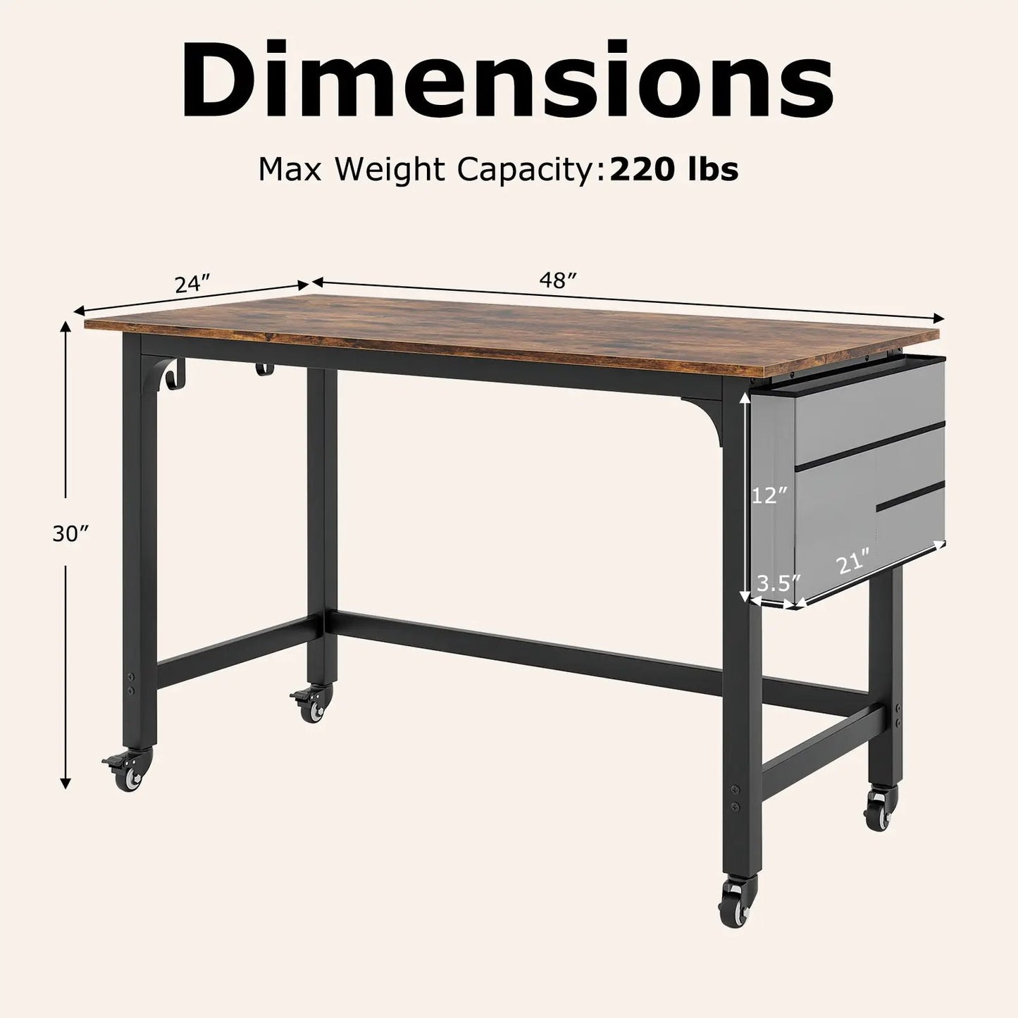 48 Inch Mobile Computer Desk With 4 Casters