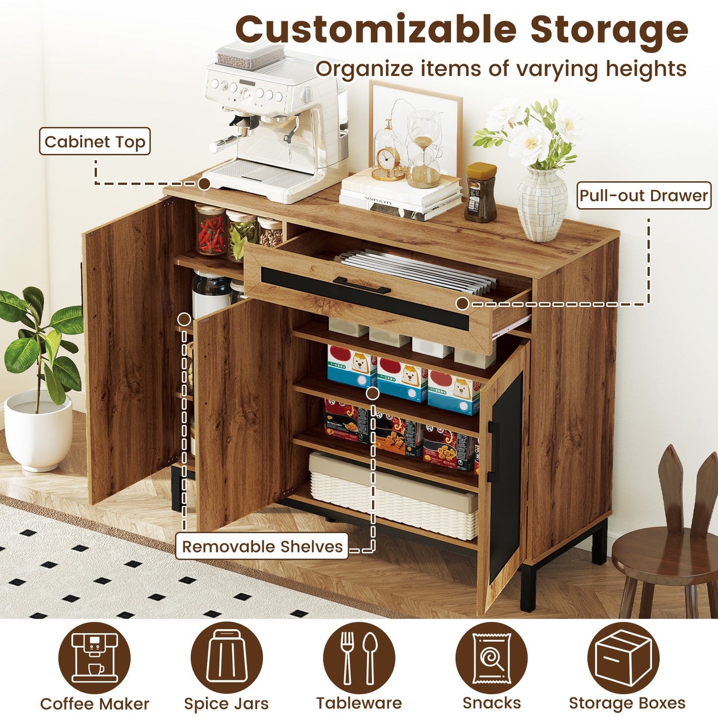 48 Inch Sideboard Buffet Cabinet with Drawer and Metal Legs-Natural