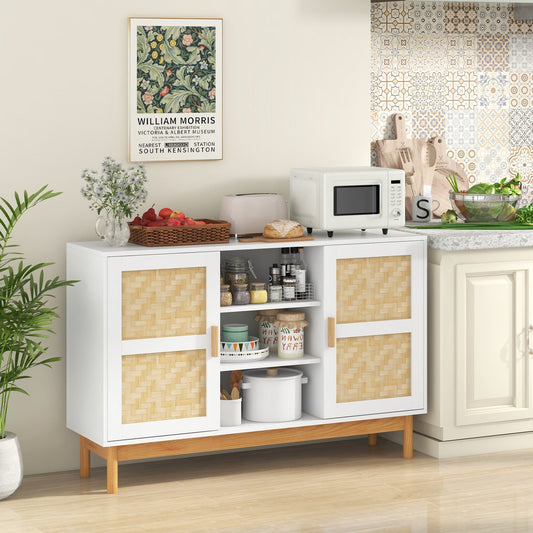 Aparador de 48 pulgadas, mueble de almacenamiento de pie con 2 puertas de bambú tejidas, color blanco