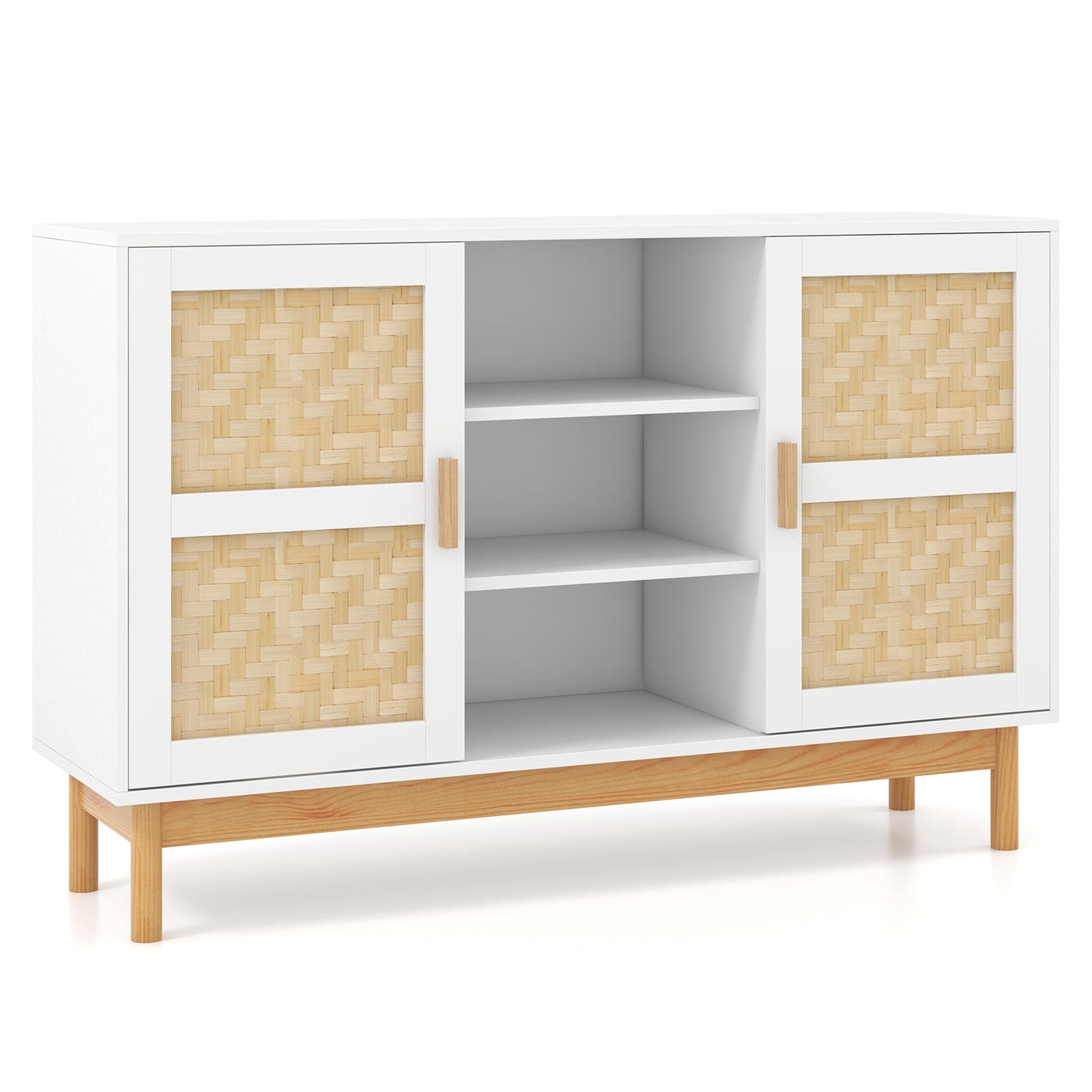 Aparador de 48 pulgadas, mueble de almacenamiento de pie con 2 puertas de bambú tejidas, color blanco