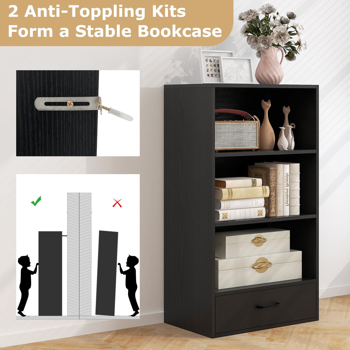 48 Inch Tall 4 Tiers Wood Bookcase with Drawer-Black