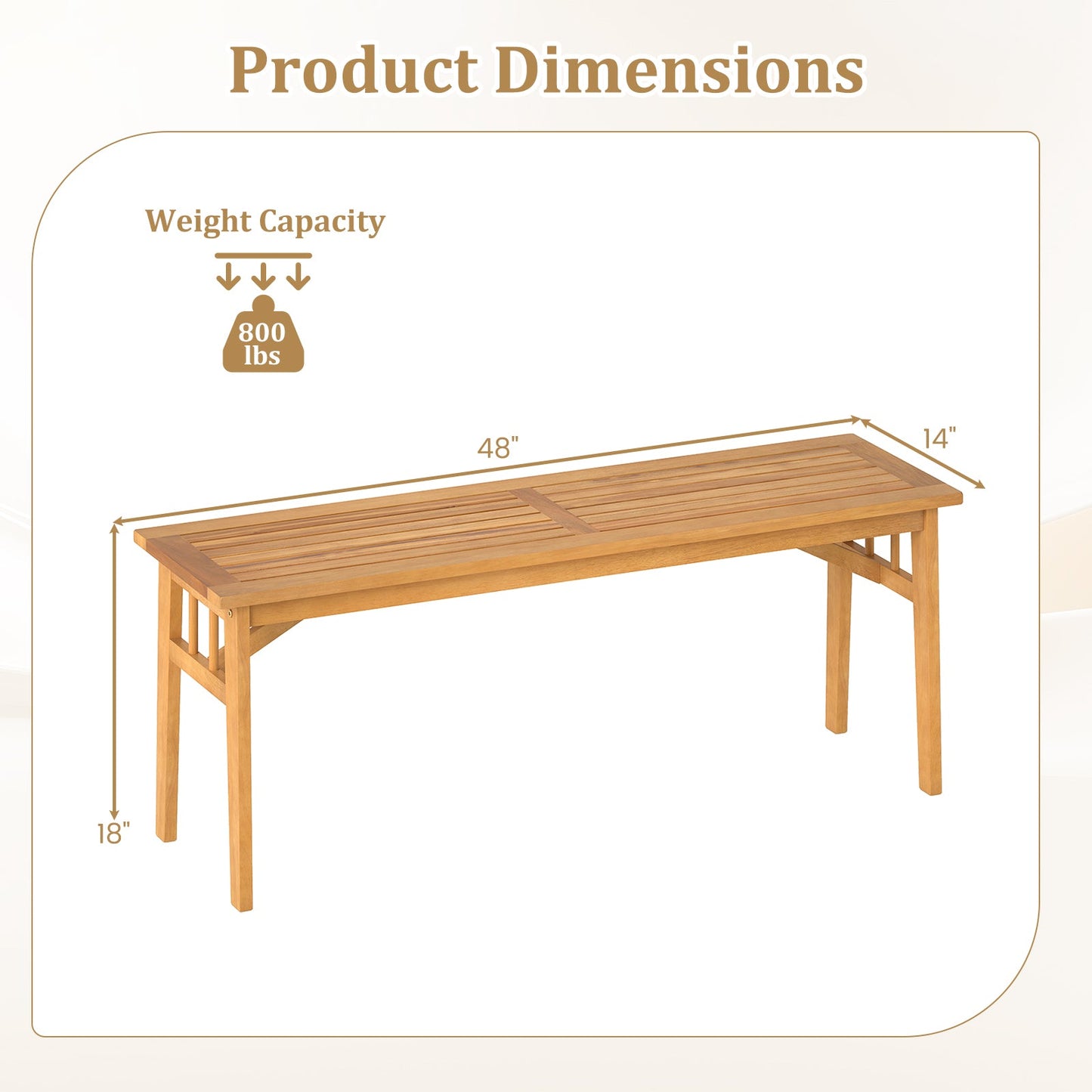 48 Inches Acacia Wood Bench with Breathable Slat Seat and Stable Triangular Structure