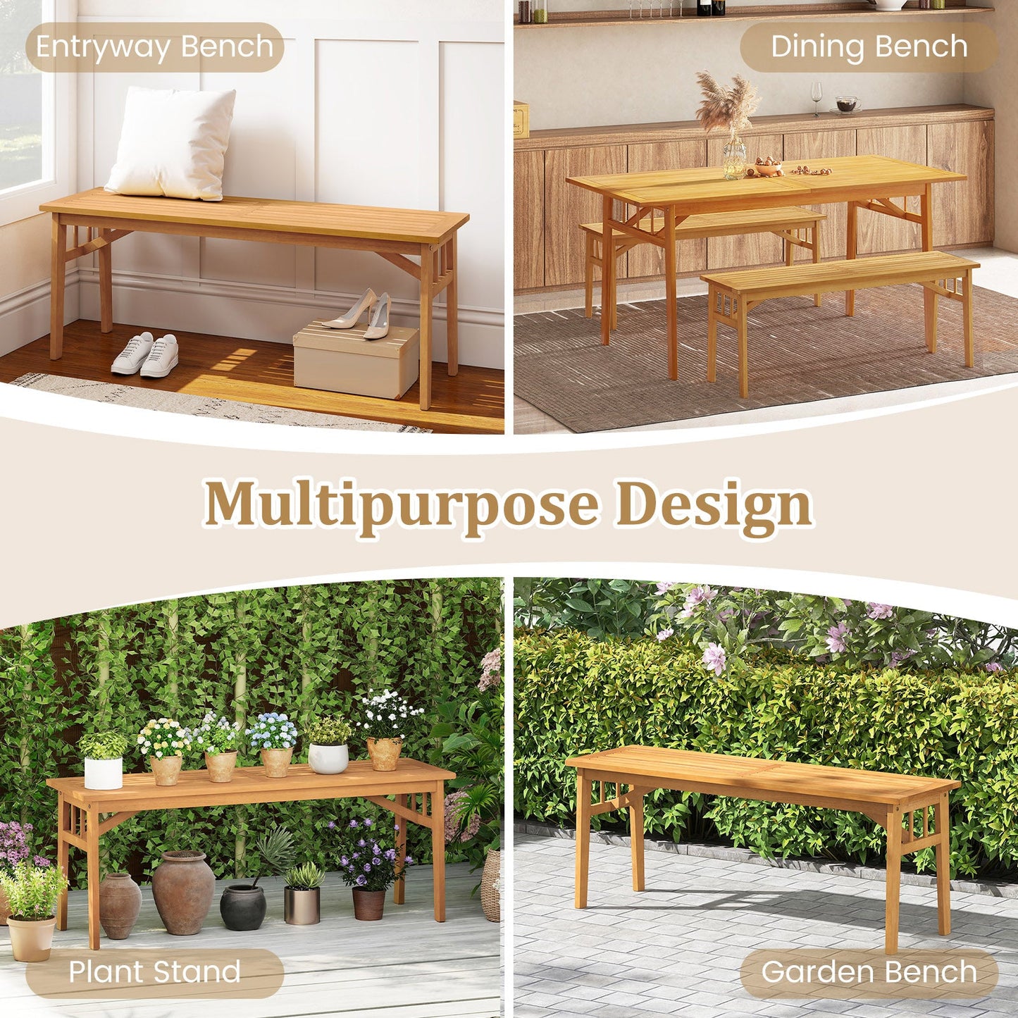 48 Inches Acacia Wood Bench with Breathable Slat Seat and Stable Triangular Structure