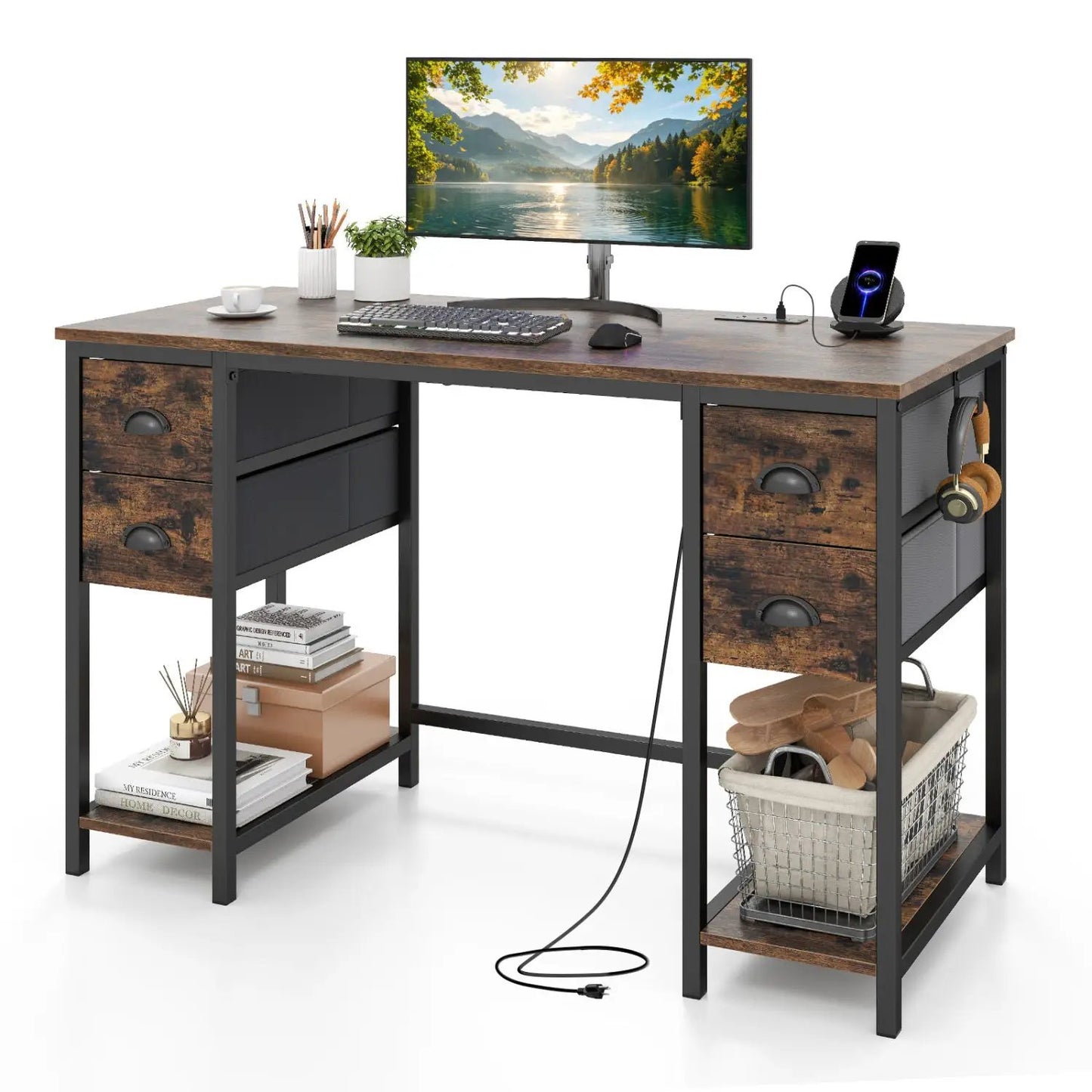 48 Inch Desk with Power Outlet and Fabric Drawers