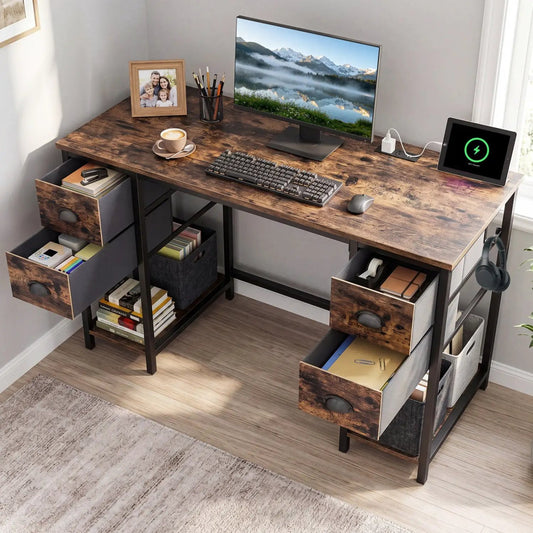 DirectDeals 48-Inch Computer Desk with power outlet and 4 fabric drawers, wood & black metal on Tampa Home & Garden Store