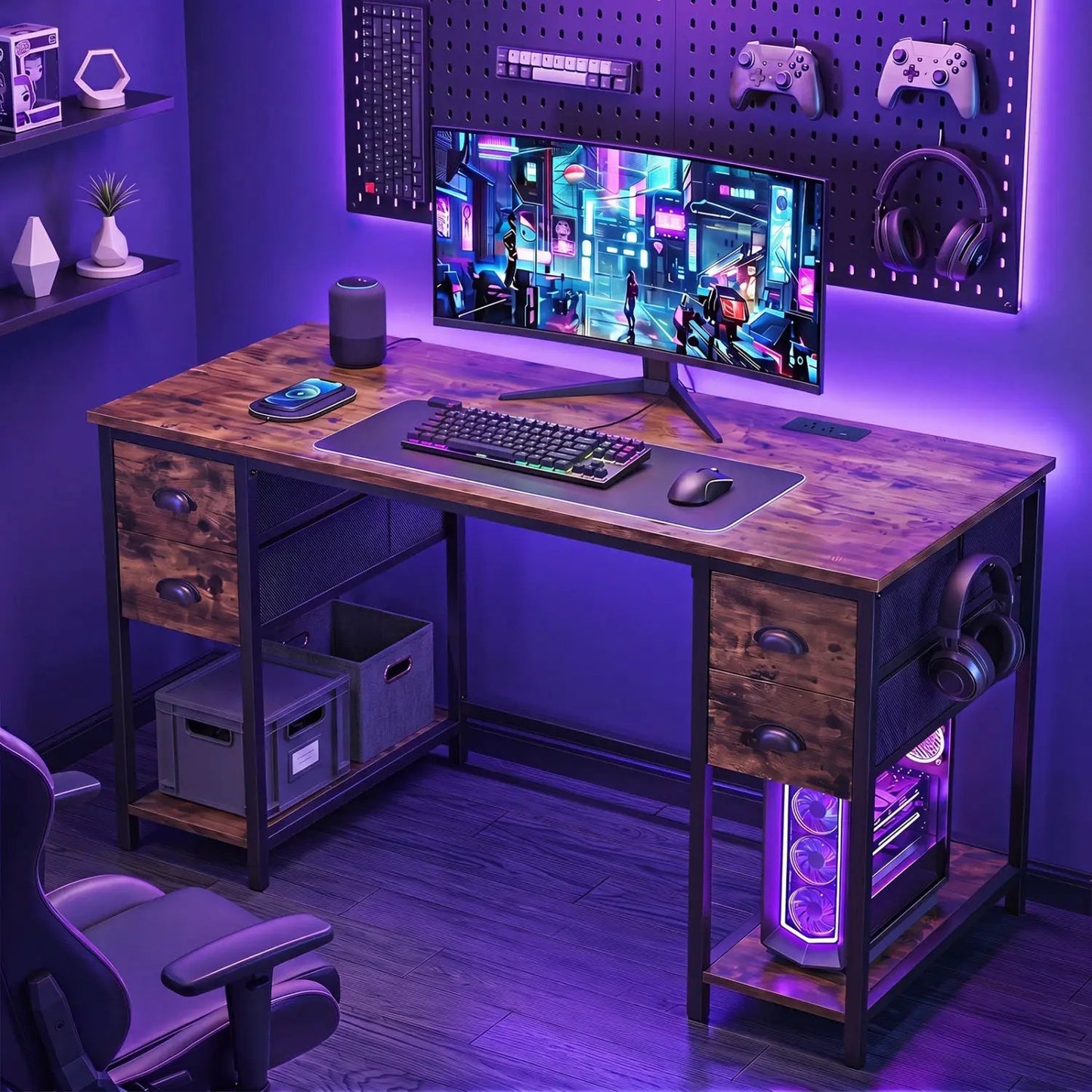 48 Inch Desk with Power Outlet and Fabric Drawers