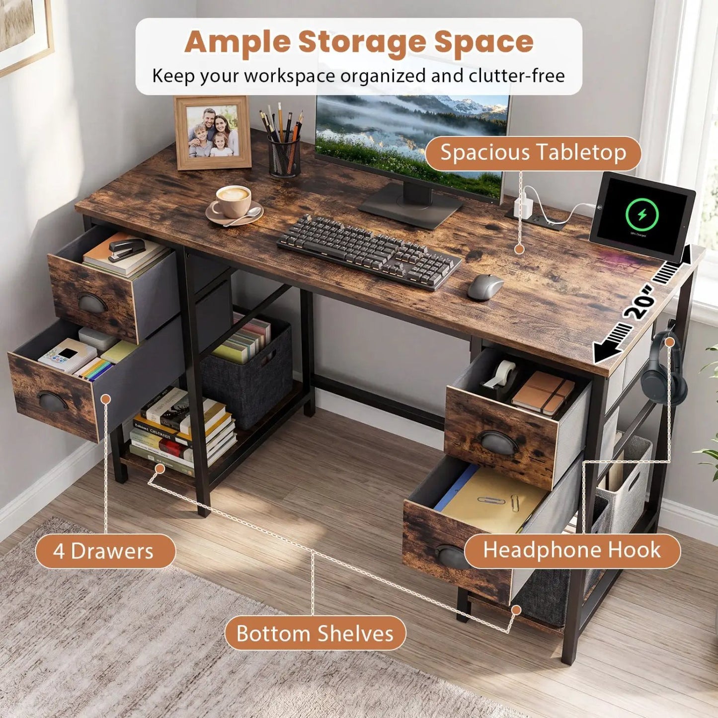 48 Inch Desk with Power Outlet and Fabric Drawers