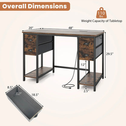 48 Inch Desk with Power Outlet and Fabric Drawers