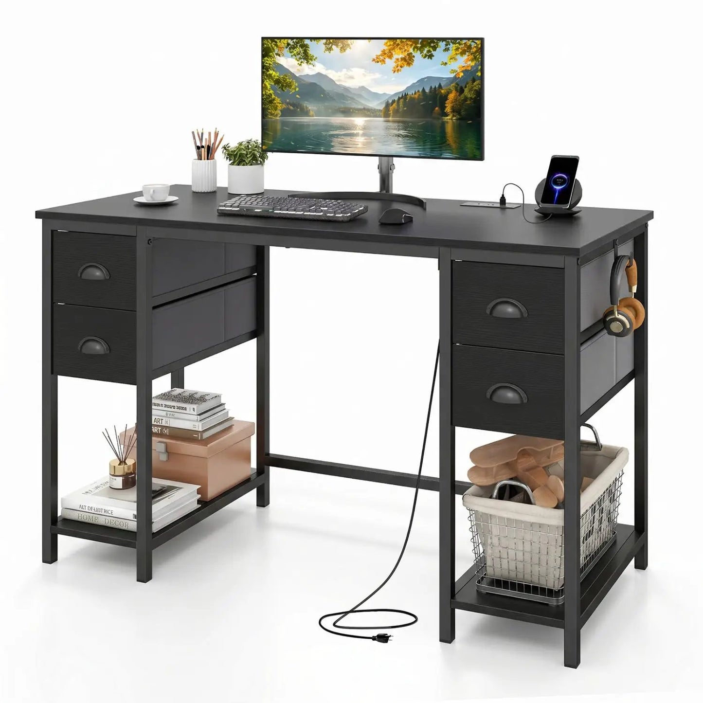 48 Inch Desk with Power Outlet and Fabric Drawers