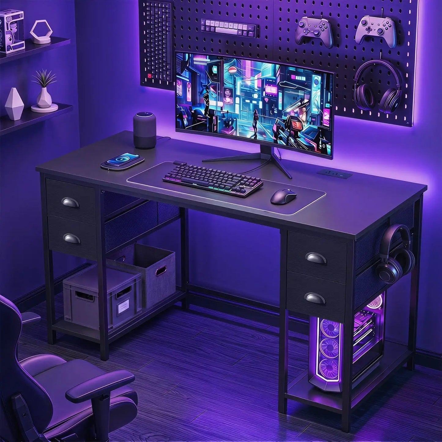 48 Inch Desk with Power Outlet and Fabric Drawers