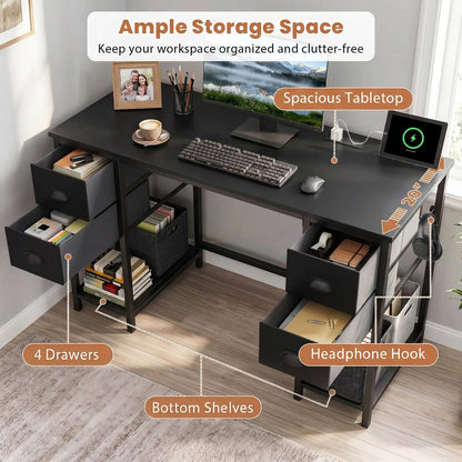48 Inch Desk with Power Outlet and Fabric Drawers