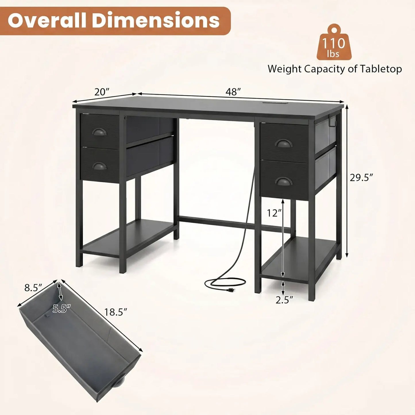 48 Inch Desk with Power Outlet and Fabric Drawers