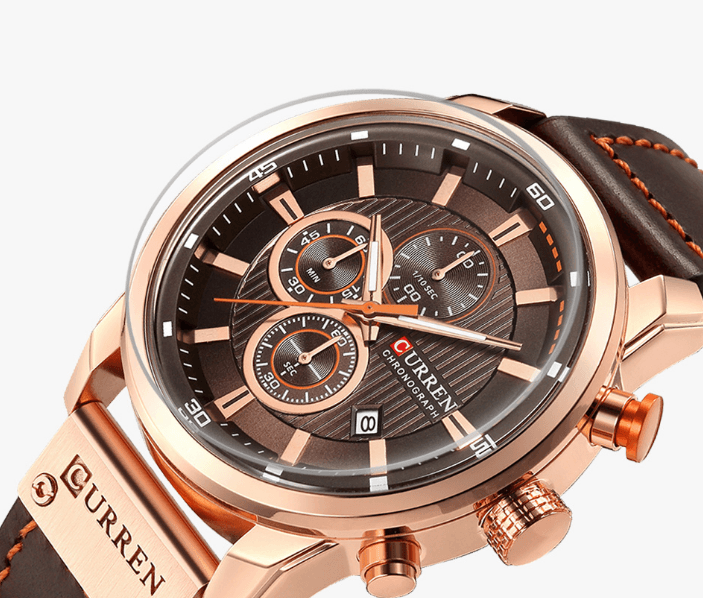 Stevvex men's waterproof chronograph watch with brown dial, leather strap, rose-gold case on Tampa Home & Garden Store