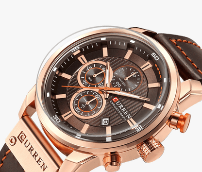 Stevvex men's waterproof chronograph watch with brown dial, leather strap, rose-gold case on Tampa Home & Garden Store