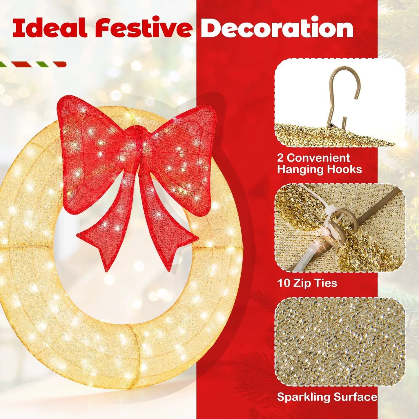 48 Inch Pre-Lit Christmas Mesh Wreath with Bow