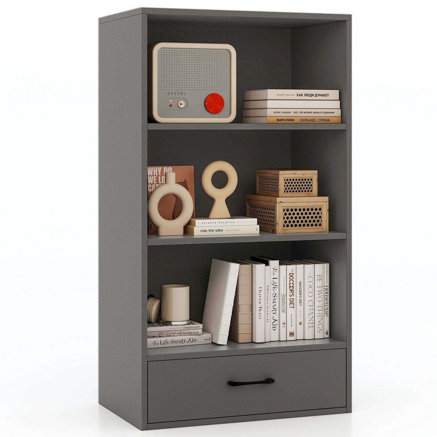 48 Inch Tall 4 Tiers Wood Bookcase with Drawer-Black