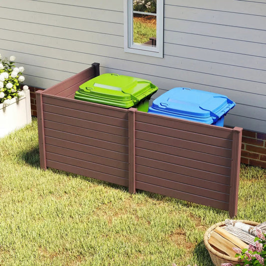 Air Conditioner Fence 2 Panels brown privacy fence with two green and blue trash bins on Tampa Home & Garden Store
