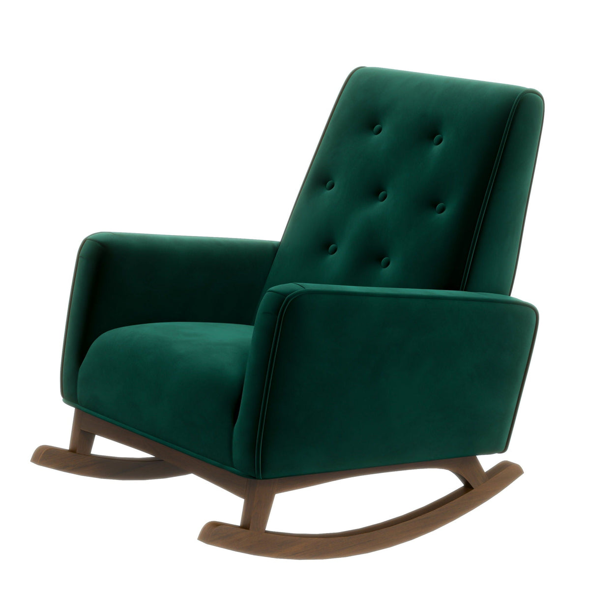 Demetrius wood rocking chair in green upholstery with tufted back and wood rocker base on Tampa Home & Garden Store
