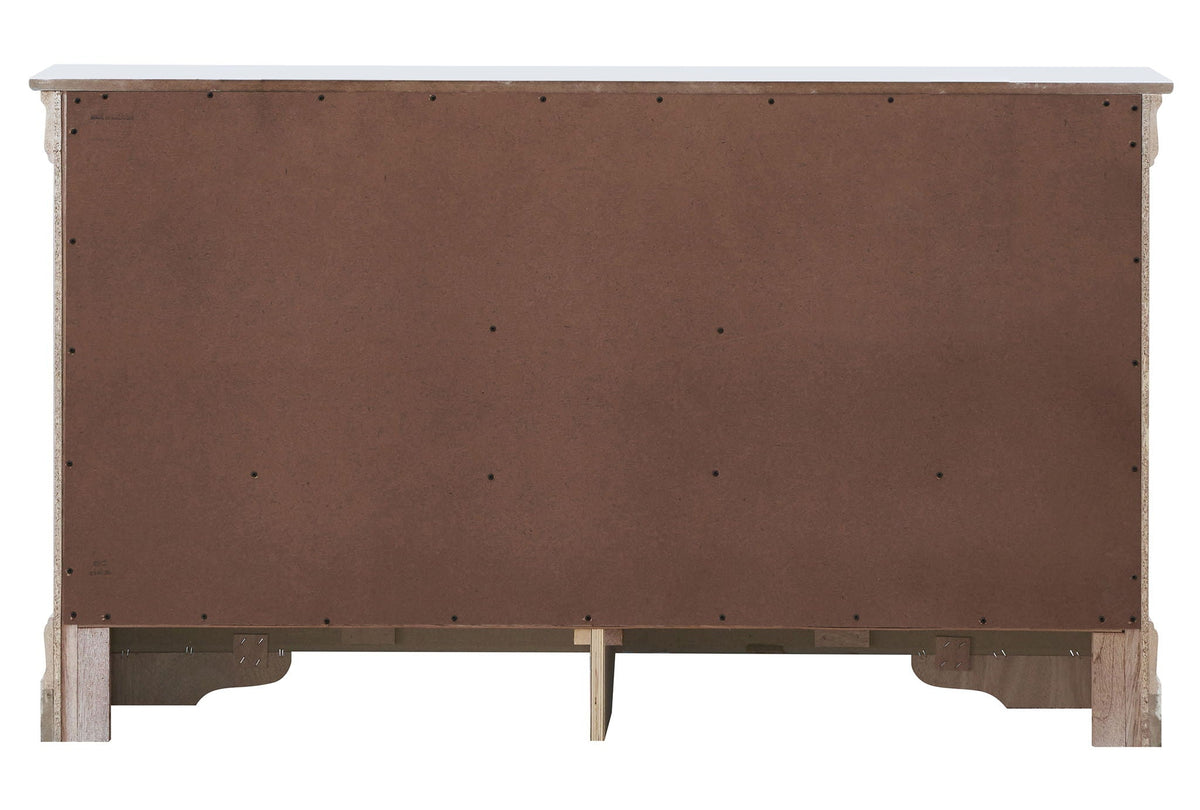 Silver Champagne Dresser Verona back view showing brown panel, exposed screws, and wooden legs on Tampa Home & Garden Store