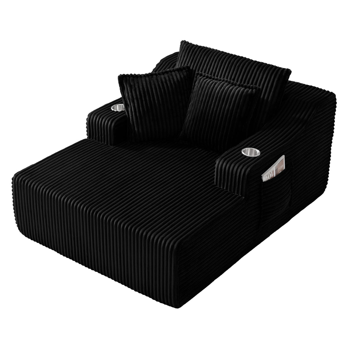 Black corduroy oversized chaise lounge with ribbed cushions and built-in cup holders on Tampa Home & Garden Store