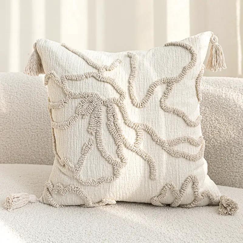 Sofa throw pillow cream with three-dimensional embroidery and tassel corners FLIPSTYLEZLLC on Tampa Home & Garden Store