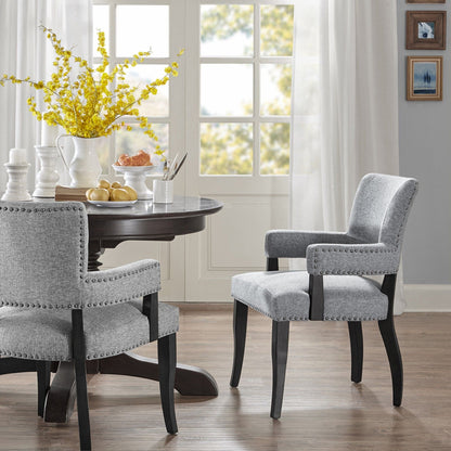 Elegant Arm Dining Chairs, 2 gray fabric with Brass Nail Head Detailing, HouseOfZazla on Tampa Home & Garden Store