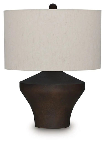 Dolanham metal table lamp distressed brown with beige linen shade Unique Piece Furniture on Tampa Home & Garden Store